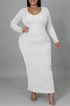 Witte mode casual effen bandage uitgeholde O-hals lange mouwen plus size jurken