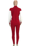 Röd Mode Casual Patchwork Cardigan Byxor V-hals långärmad två delar