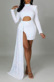 Weiße, sexy, elegante, solide Patchwork-Kleider mit asymmetrischen Pailletten, O-Ausschnitt und unregelmäßigen Kleidern