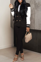 Schwarze, modische, lässige Patchwork-Cardigan-Hose mit V-Ausschnitt, langen Ärmeln, zweiteilig