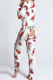Rote Party Vintage Print Patchwork V-Ausschnitt Skinny Jumpsuits