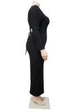 ブラックファッションカジュアルソリッド包帯くり抜かれたOネック長袖プラスサイズのドレス
