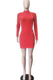 Red Sexy Solid Patchwork Buttons O Neck Pencil Skirt Dresses