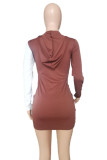 パープルセクシープリントパッチワークジッパーフード付きカラーワンステップスカートドレス