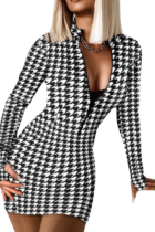 Black And White Sexy Print Patchwork Zipper Collar Pencil Skirt Dresses