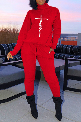 Red Fashion Casual Print Basic Turtleneck Long Sleeve Two Pieces