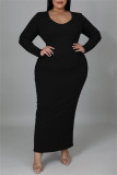 Черные модные повседневные сплошные повязки с круглым вырезом и длинным рукавом Платья больших размеров