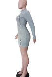 Robes jupe crayon gris sexy uni patchwork boutons col rond