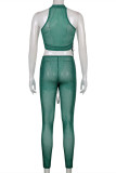 Green Fashion Sexy Patchwork See-through Vests Pants O Neck Sleeveless Two Pieces