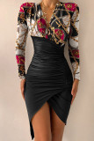 Zwartbruine sexy print patchwork vouw asymmetrische v-hals onregelmatige jurkjurken