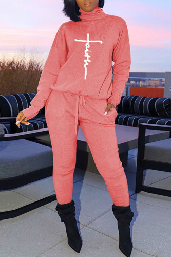 Pink Fashion Casual Print Basic Turtleneck Long Sleeve Two Pieces