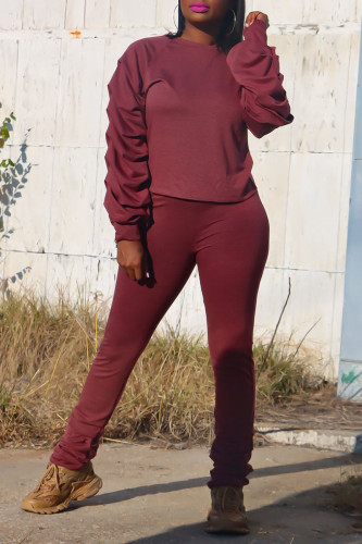 Burgundy Casual Solid Patchwork Fold O Neck Long Sleeve Two Pieces