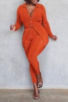 Tangerine Red Casual Solid Split Joint Turndown Collar Long Sleeve Two Pieces