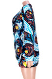 Синий Повседневный принт Пуговицы в стиле пэчворк Воротник с отложным воротником Верхняя одежда