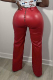 Красный Однотонный пэчворк Прямые однотонные брюки с завышенной талией