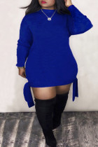 Blauwe mode casual effen bandage halve coltrui lange mouw plus size jurken