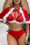 Red Sexy Party Patchwork Solid Frenulum Christmas Day Lingerie