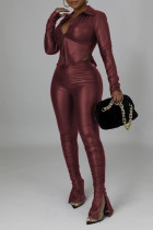 Burgundy Sexy Solid Split Joint Buckle Slit Asymmetrical Turndown Collar Long Sleeve Two Pieces