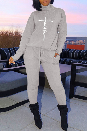 Grey Fashion Casual Print Basic Turtleneck Long Sleeve Two Pieces