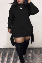 ブラックファッションカジュアルソリッド包帯ハーフタートルネック長袖プラスサイズのドレス