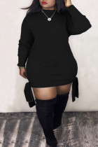 Schwarze, modische, lässige, solide Bandage, halb Rollkragen, Langarm, Plus-Size-Kleider