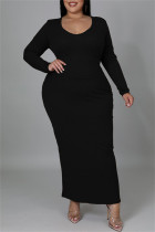 Черные модные повседневные сплошные повязки с круглым вырезом и длинным рукавом Платья больших размеров