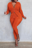 Tangerine Red Casual Solid Patchwork Turndown Collar Long Sleeve Two Pieces