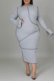 グレー カジュアル ソリッド パッチワーク フード付きカラー ストレート プラス サイズ ドレス