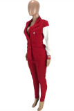 Red Fashion Casual Patchwork Cardigan Pants V Neck Long Sleeve Two Pieces