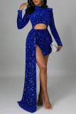 Синие сексуальные элегантные однотонные лоскутные асимметричные платья с блестками и круглым вырезом нерегулярные платья