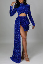 Blaue, sexy, elegante, solide Patchwork-Asymmetrische Pailletten mit O-Ausschnitt und unregelmäßigem Kleid