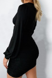 Black Fashion Sexy Solid Fold V Neck Long Sleeve Dresses