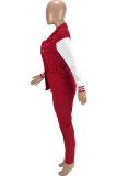 Red Fashion Casual Patchwork Vest Broek V-hals Lange Mouw Twee Stukken