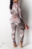 Leopard Print Sexy Print Patchwork Zipper Long Sleeve Two Pieces