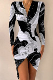 Black Gray Sexy Print Patchwork Fold Asymmetrical V Neck Irregular Dress Dresses