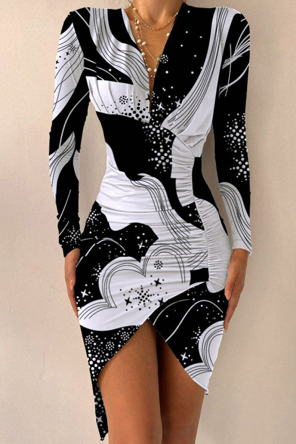 Zwart Wit Sexy Print Patchwork Vouw Asymmetrische V-hals Onregelmatige jurk Jurken
