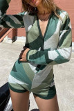 Macacão skinny verde moda casual estampa básica decote em v manga longa