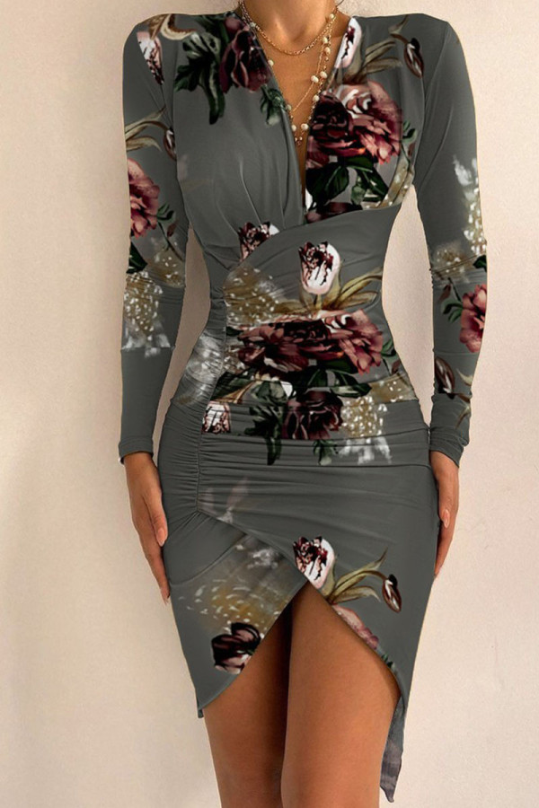 Grijze sexy print patchwork vouw asymmetrische v-hals onregelmatige jurkjurken