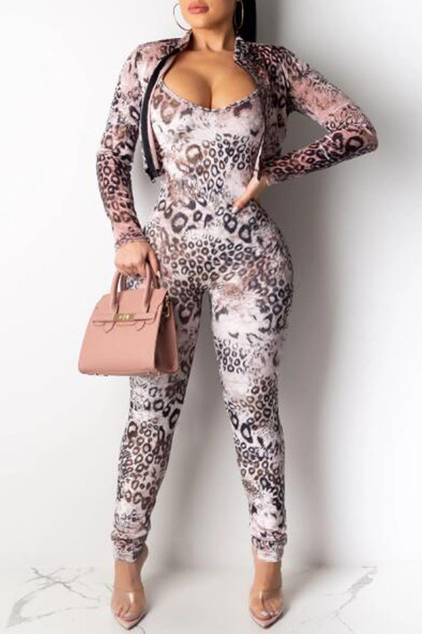 Leopard Print Sexy Print Patchwork Zipper Long Sleeve Two Pieces