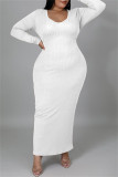 Blanco Moda Casual Sólido Vendaje Ahuecado O Cuello Manga larga Vestidos de talla grande