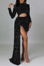 Schwarze, sexy, elegante, solide Patchwork-Asymmetrische Pailletten mit O-Ausschnitt und unregelmäßigem Kleid