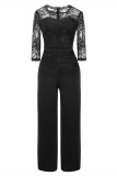 Black Fashion Casual Patchwork Solid See-through O Neck Regular Jumpsuits