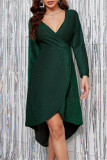 Green Fashion Sexy Solid Patchwork Bright Silk V Neck Long Sleeve Dresses