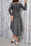 ブルゴーニュ ファッション セクシーな固体パッチワーク ブライト シルク V ネック長袖ドレス