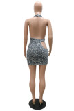 Grey Fashion Sexy Patchwork Sequins Backless Halter Sleeveless Dress