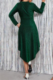 Green Fashion Sexy Solid Patchwork Bright Silk V Neck Long Sleeve Dresses