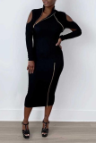 Grey Sexy Solid Hollowed Out Zipper Collar Pencil Skirt Dresses