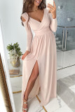 Roze zoete elegante effen patchwork rechte jurken met vouw V-hals