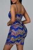 Blue Fashion Sexy Patchwork Sequins Backless V Neck Sling Dress Dresses
