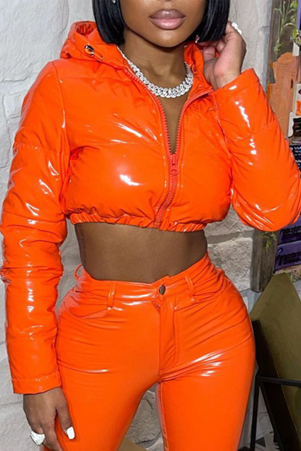 Оранжевая повседневная однотонная верхняя одежда с отложным воротником в стиле пэчворк